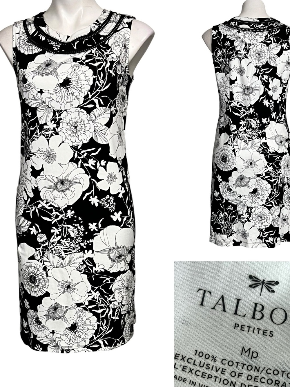 Talbots dress Black/White Floral Sleeveless Shift 100% cotton *altered* S/4-6
